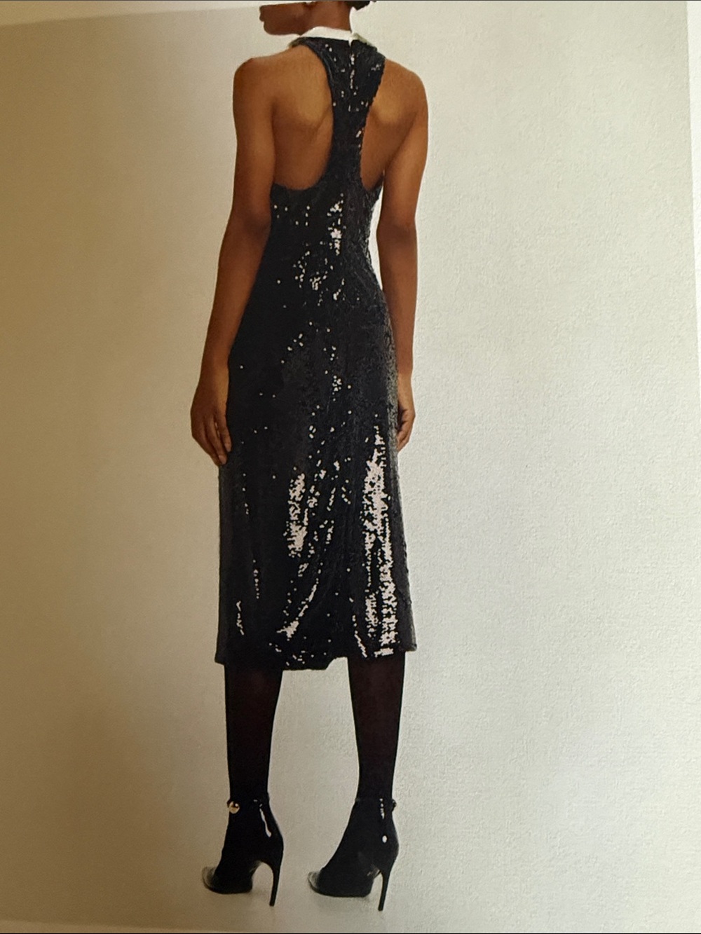 L'AGENCE Black Sequin Halter Midi Dress with White Contrast Collar - Picture 3 of 5